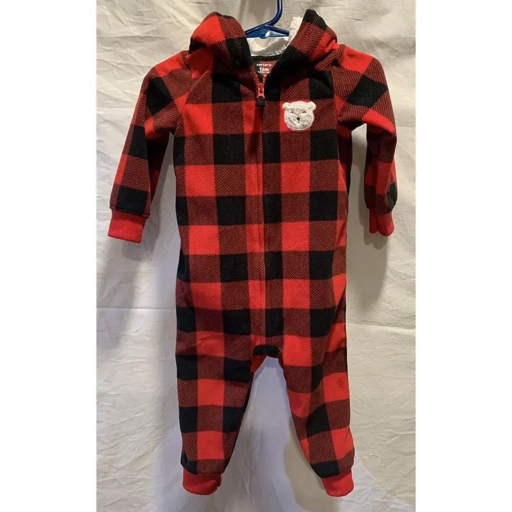 Carters Baby Boy 12M Sleeper Buffalo Plaid Red Black Fleece One Piece Hoodie